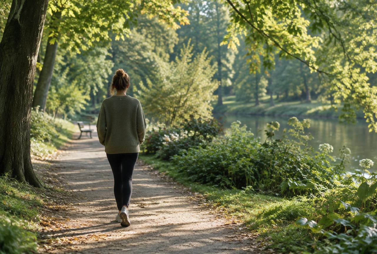Person taking a relaxed walk along a leafy park path