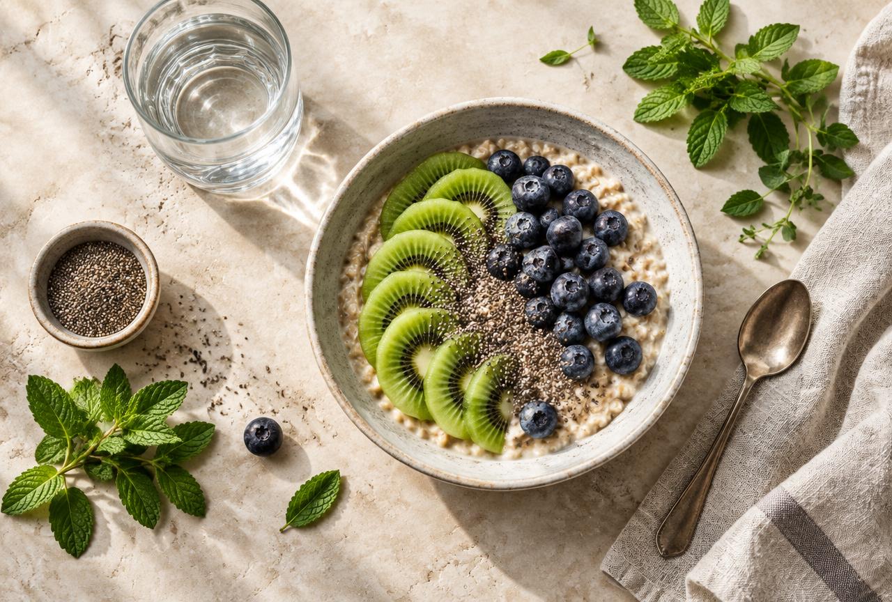 Bowl of oats with kiwi, blueberries, and chia beside a glass of water